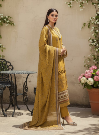 3pc unstitched Digital Print & Premium Embroidered Slub Khaddar