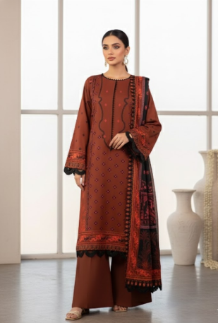 Premium Twill Marina 3pc unstitched Suit.(Mahroon with Black Strips)