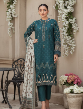 3pc unstitched Digital Print & Premium Embroidered Slub Khaddar(Blue)