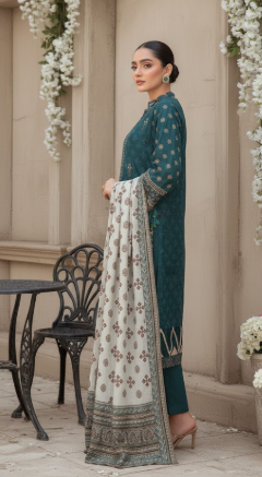 3pc unstitched Digital Print & Premium Embroidered Slub Khaddar(Blue)