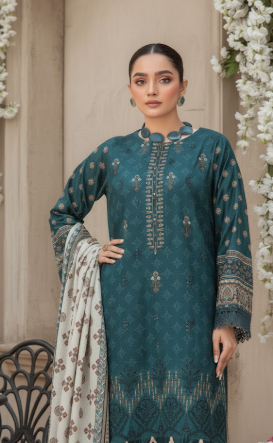 3pc unstitched Digital Print & Premium Embroidered Slub Khaddar(Blue)