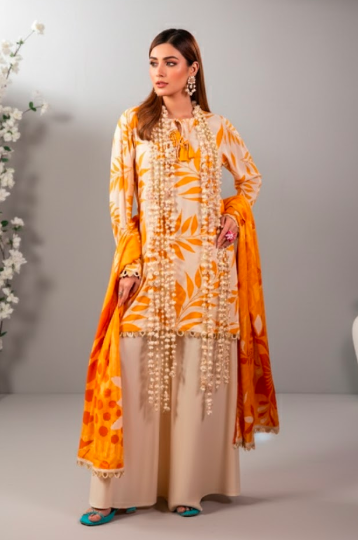 Premium Twill Marina 3pc unstitched  Suit (Yellow And white).