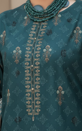 3pc unstitched Digital Print & Premium Embroidered Slub Khaddar(Blue)