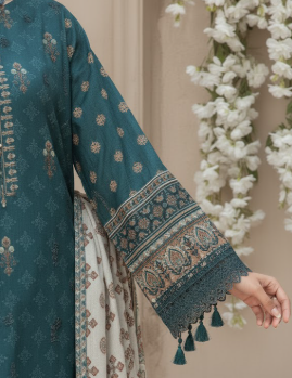 3pc unstitched Digital Print & Premium Embroidered Slub Khaddar(Blue)