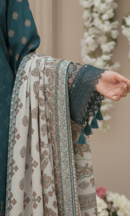 3pc unstitched Digital Print & Premium Embroidered Slub Khaddar(Blue)