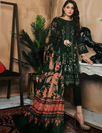 LUXURY Embroidered DHANAK 3PC UNSTITCHED SUIT (LA MONTE GREEN)