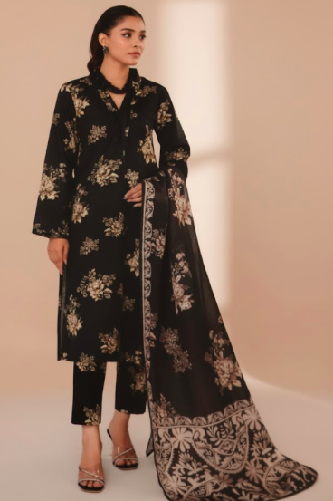 PREMIUM QUALITY KHADDAR 3 PIECE UNSTITCHED PRINTED SUIT (BLACK)
