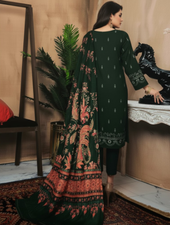LUXURY Embroidered DHANAK 3PC UNSTITCHED SUIT (LA MONTE GREEN)