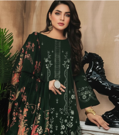 LUXURY Embroidered DHANAK 3PC UNSTITCHED SUIT (LA MONTE GREEN)