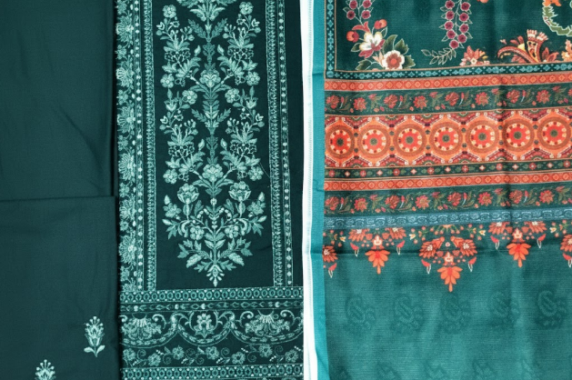 LUXURY Embroidered DHANAK 3PC UNSTITCHED SUIT (LA MONTE GREEN)
