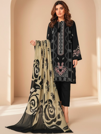 LUXURY EMBROIDERED DHANAK 3PC UNSTITCHED SUIT (LA MONTE BLACK)