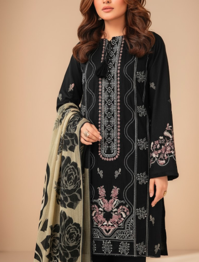 LUXURY EMBROIDERED DHANAK 3PC UNSTITCHED SUIT (LA MONTE BLACK)