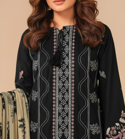LUXURY EMBROIDERED DHANAK 3PC UNSTITCHED SUIT (LA MONTE BLACK)