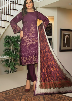 LUXURY Embroidered DHANAK 3PC UNSTITCHED SUIT (LA MONTE PURPLE)