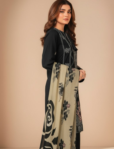 LUXURY EMBROIDERED DHANAK 3PC UNSTITCHED SUIT (LA MONTE BLACK)