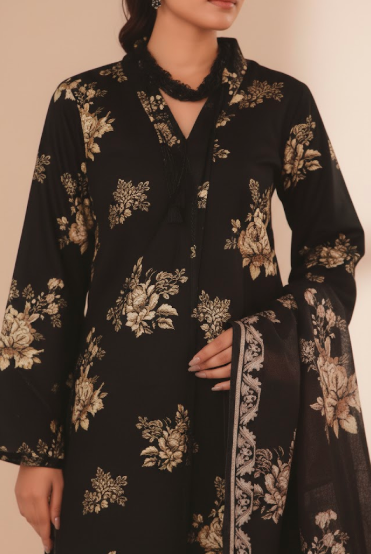 PREMIUM QUALITY KHADDAR 3 PIECE UNSTITCHED PRINTED SUIT (BLACK)