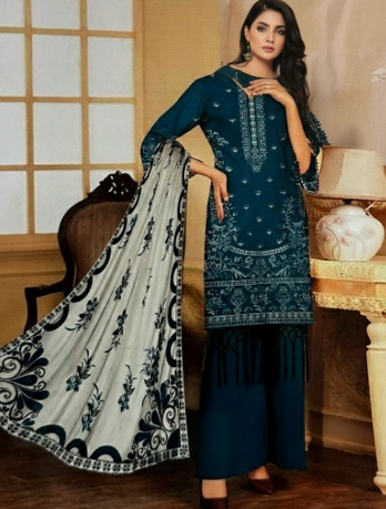 LUXURY Embroidered DHANAK 3PC UNSTITCHED SUIT  (LA MONTE SEE GREEN AND WHITE)