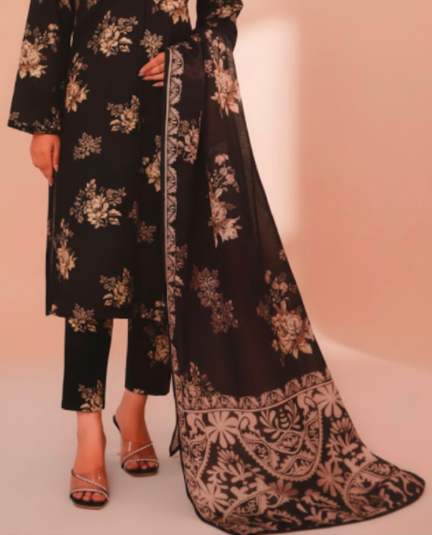 PREMIUM QUALITY KHADDAR 3 PIECE UNSTITCHED PRINTED SUIT (BLACK)