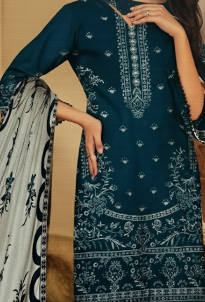 LUXURY Embroidered DHANAK 3PC UNSTITCHED SUIT  (LA MONTE SEE GREEN AND WHITE)