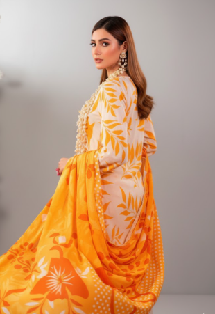 Premium Twill Marina 3pc unstitched  Suit (Yellow And white).