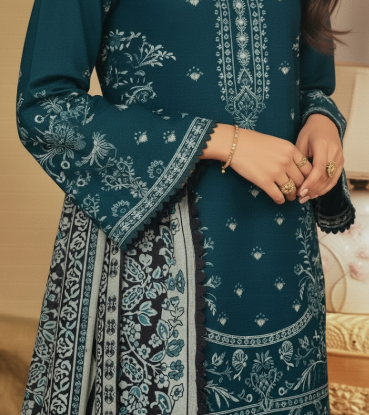 LUXURY Embroidered DHANAK 3PC UNSTITCHED SUIT  (LA MONTE SEE GREEN AND WHITE)