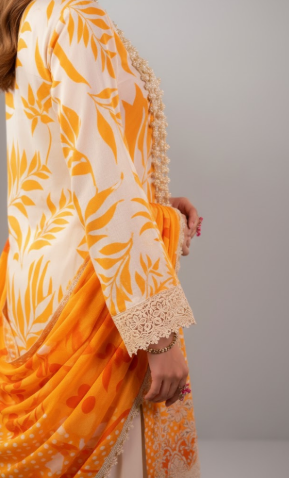 Premium Twill Marina 3pc unstitched  Suit (Yellow And white).