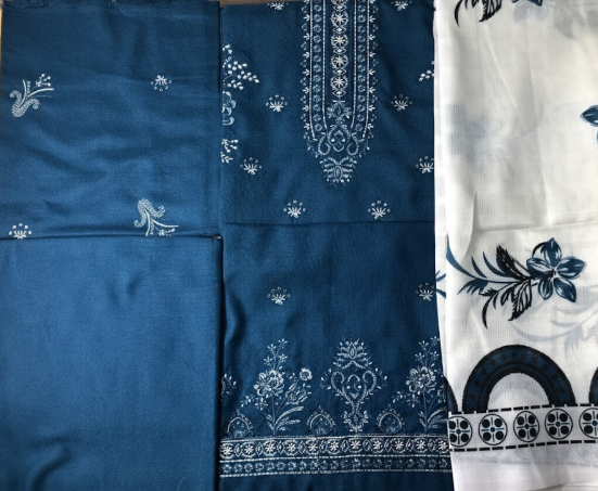 LUXURY Embroidered DHANAK 3PC UNSTITCHED SUIT  (LA MONTE SEE GREEN AND WHITE)