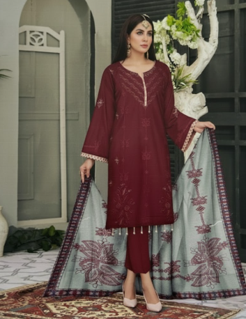 LUXURY Embroidered DHANAK 3PC UNSTITCHED SUIT (LA MONTE MAHROON)