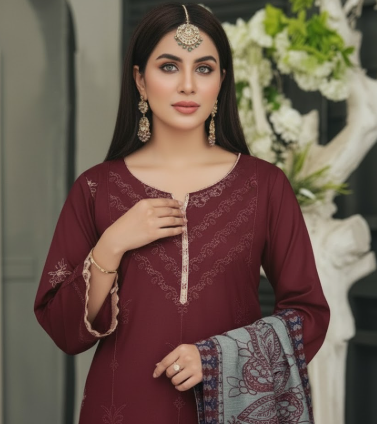 LUXURY Embroidered DHANAK 3PC UNSTITCHED SUIT (LA MONTE MAHROON)