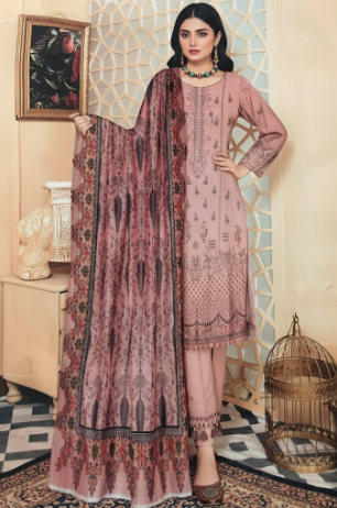 LUXURY Embroidered DHANAK 3PC UNSTITCHED SUIT (LA MONTE PINK)