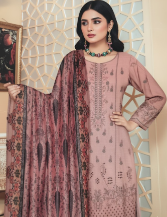 LUXURY Embroidered DHANAK 3PC UNSTITCHED SUIT (LA MONTE PINK)