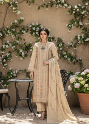 3 Piece unstitched Khaddar With Sequin Embroidered (biege)