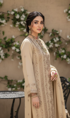 3 Piece unstitched Khaddar With Sequin Embroidered (biege)