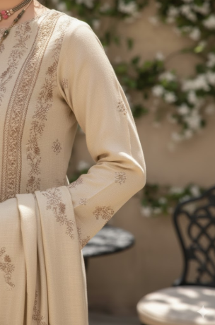 3 Piece unstitched Khaddar With Sequin Embroidered (biege)