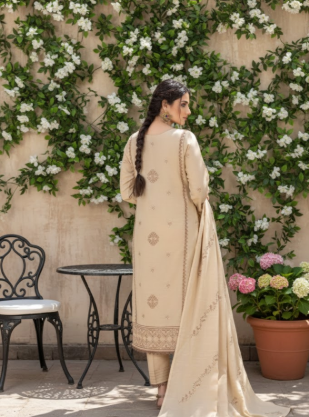3 Piece unstitched Khaddar With Sequin Embroidered (biege)