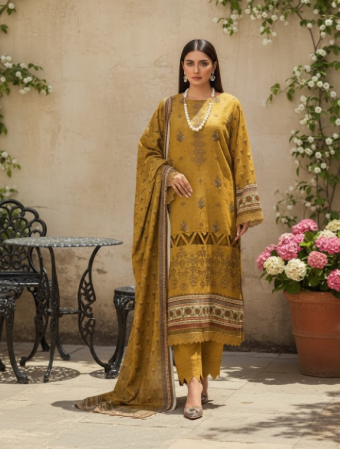 3pc unstitched Digital Print & Premium Embroidered Slub Khaddar