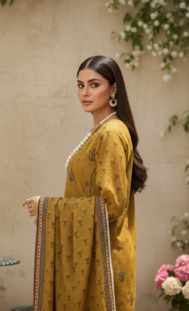 3pc unstitched Digital Print & Premium Embroidered Slub Khaddar