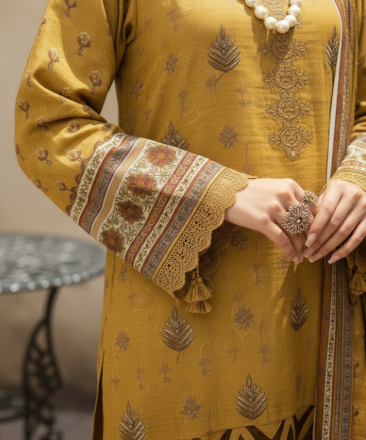 3pc unstitched Digital Print & Premium Embroidered Slub Khaddar